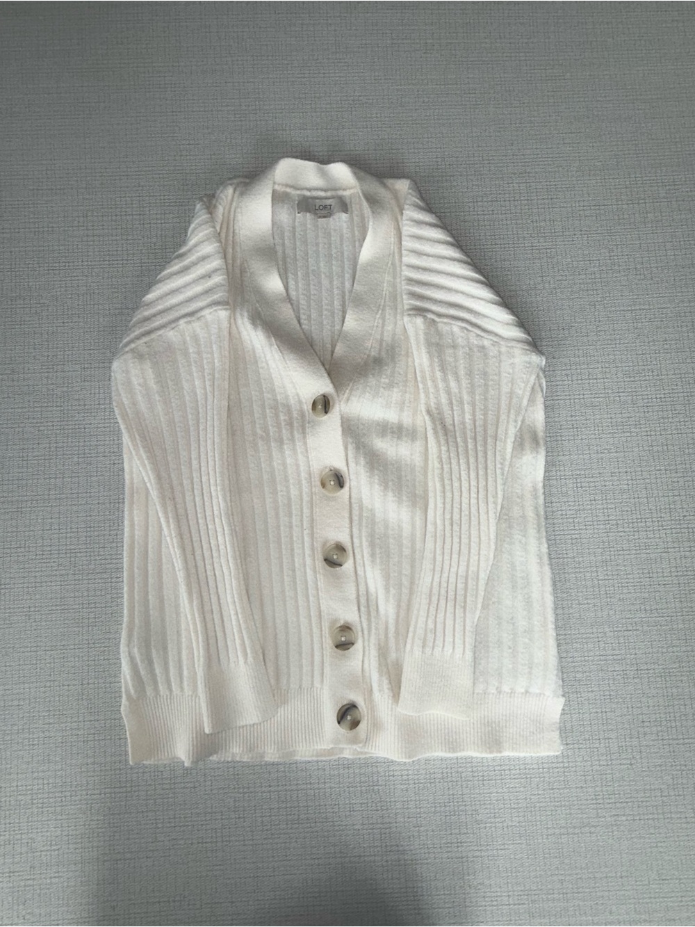 Loft Classic Ivory Ribbed Button-Front Sweater Cardigan - Picture 2 of 6